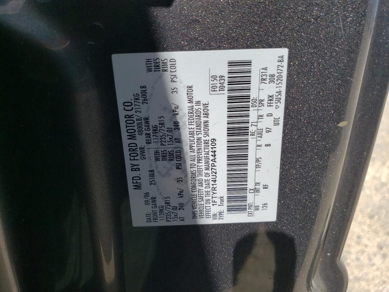 2007 Ford Ranger Super Cab VIN: 1FTYR14U27PA44109 Lot: 55344574