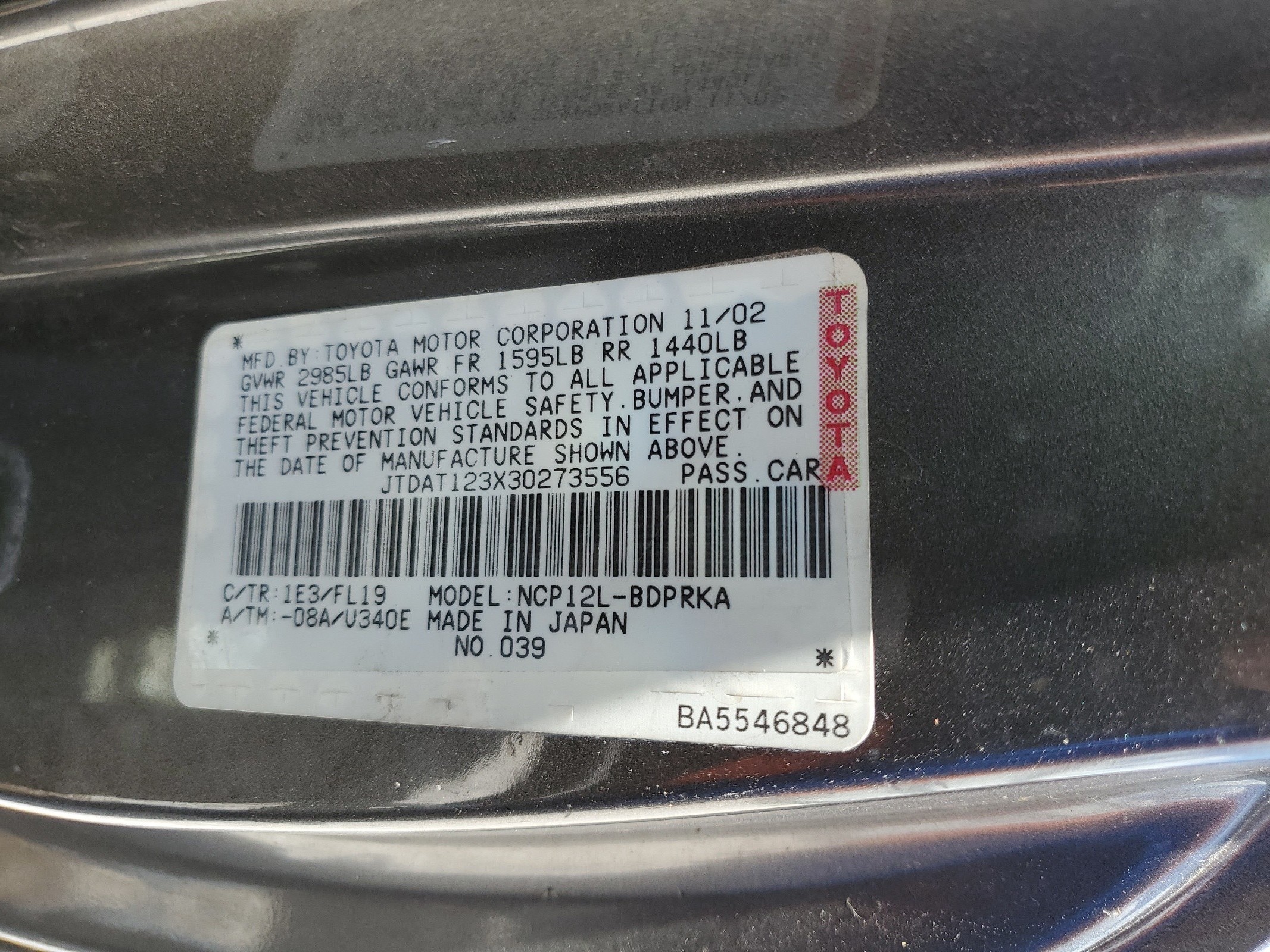 JTDAT123X30273556 2003 Toyota Echo