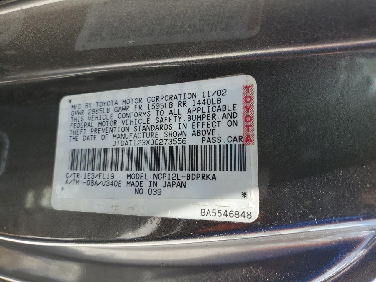 2003 Toyota Echo VIN: JTDAT123X30273556 Lot: 57054994