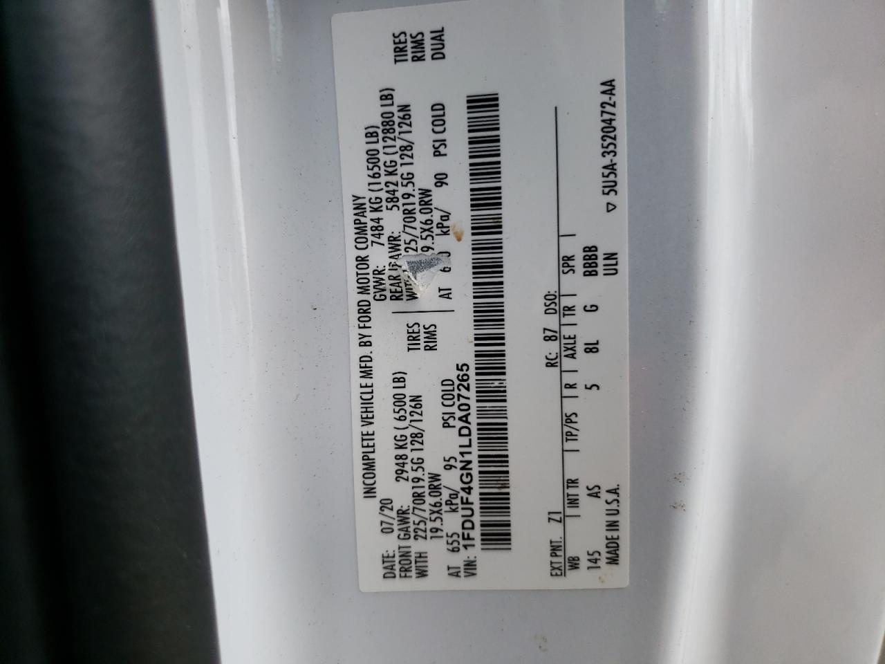 2020 Ford F450 Super Duty VIN: 1FDUF4GN1LDA07265 Lot: 52743724
