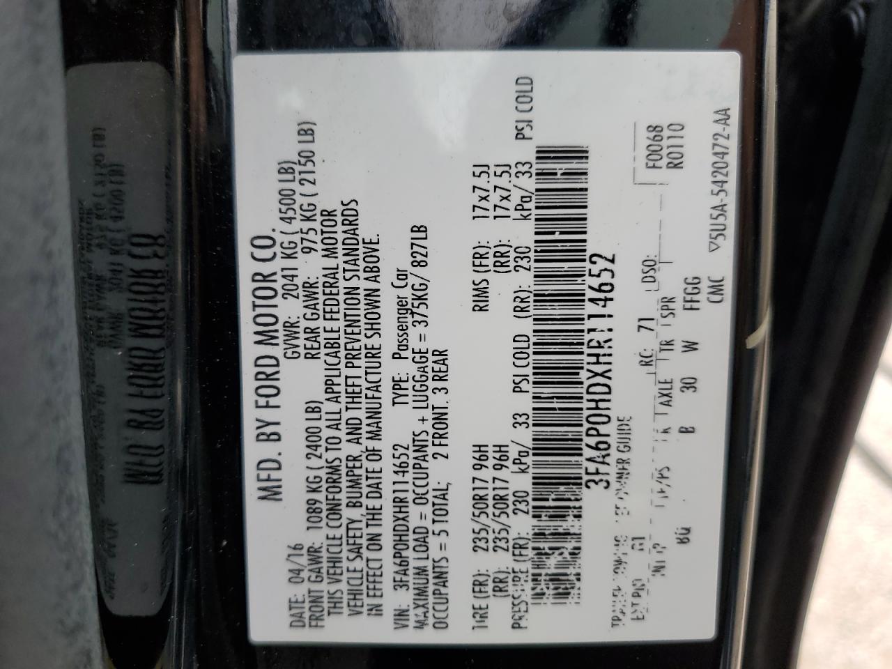 2017 Ford Fusion Se VIN: 3FA6P0HDXHR114652 Lot: 55031124