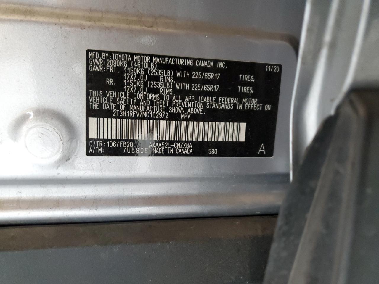 2021 Toyota Rav4 Le VIN: 2T3H1RFV7MC102972 Lot: 53091674