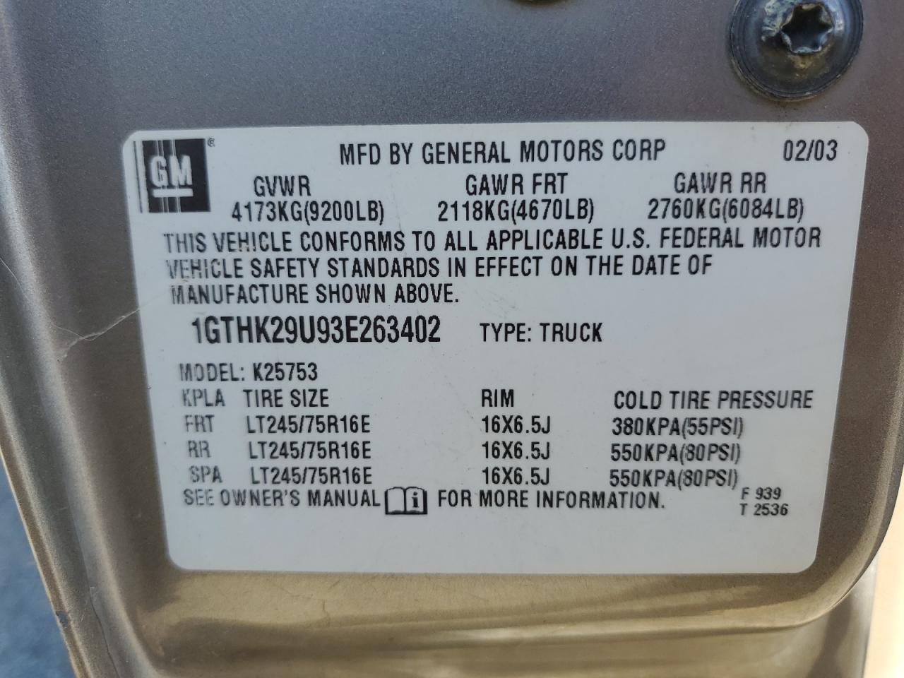 1GTHK29U93E263402 2003 GMC Sierra K2500 Heavy Duty