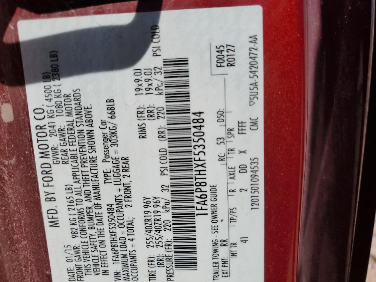 2015 Ford Mustang VIN: 1FA6P8THXF5350484 Lot: 55758964