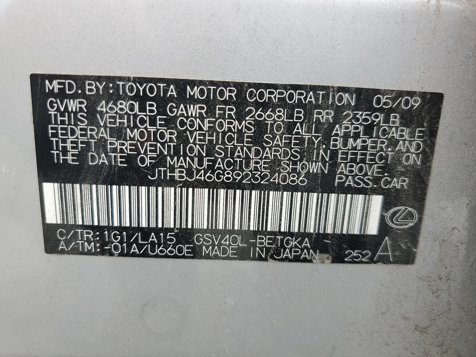JTHBJ46G892324086 2009 Lexus Es 350