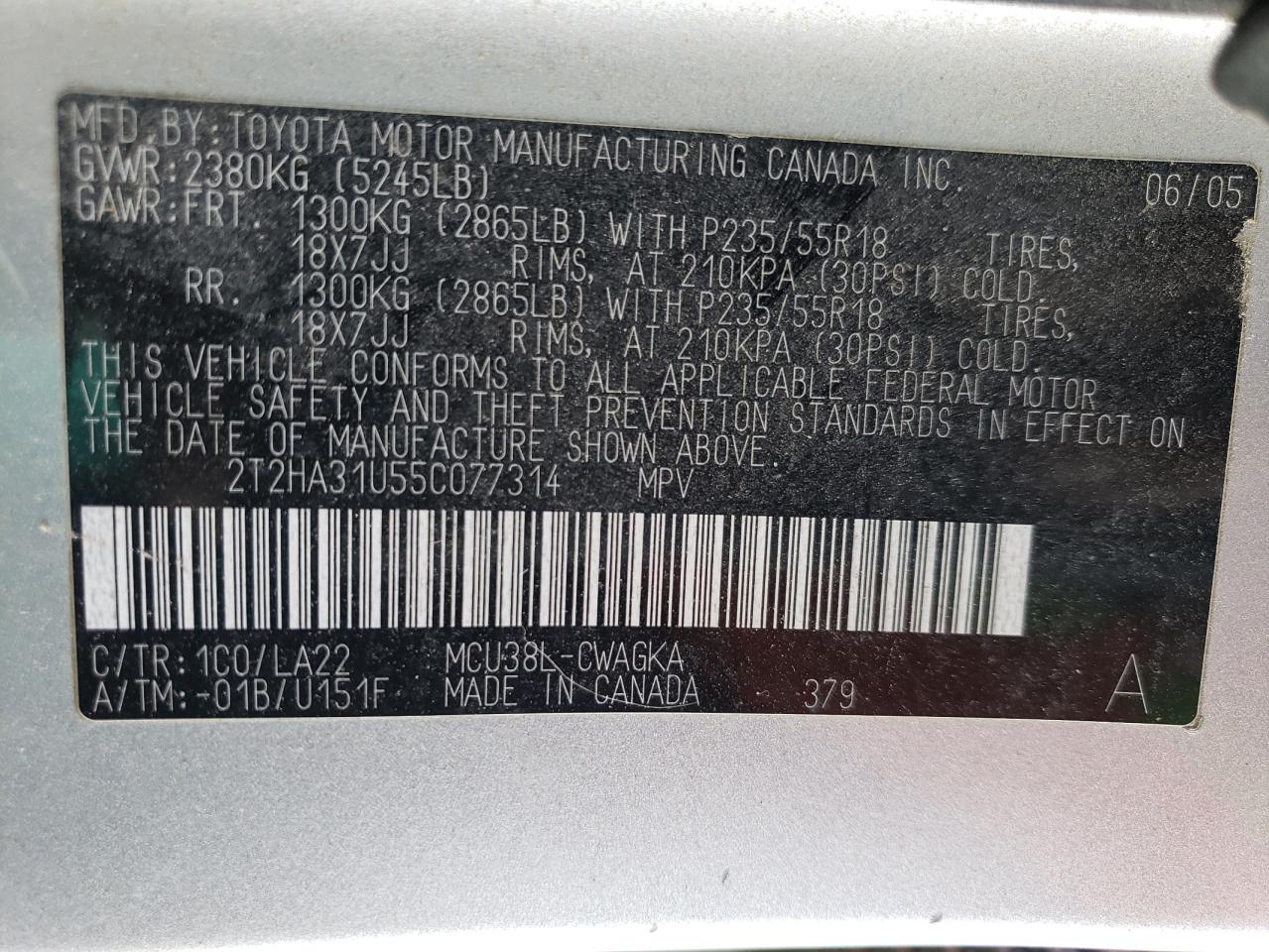 2005 Lexus Rx 330 VIN: 2T2HA31U55C077314 Lot: 55203084