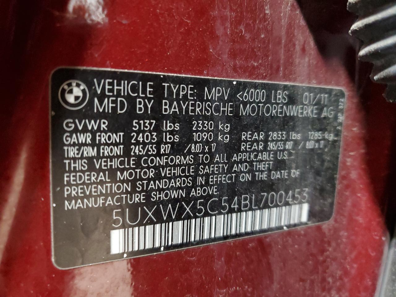 2011 BMW X3 xDrive28I VIN: 5UXWX5C54BL700453 Lot: 55483634