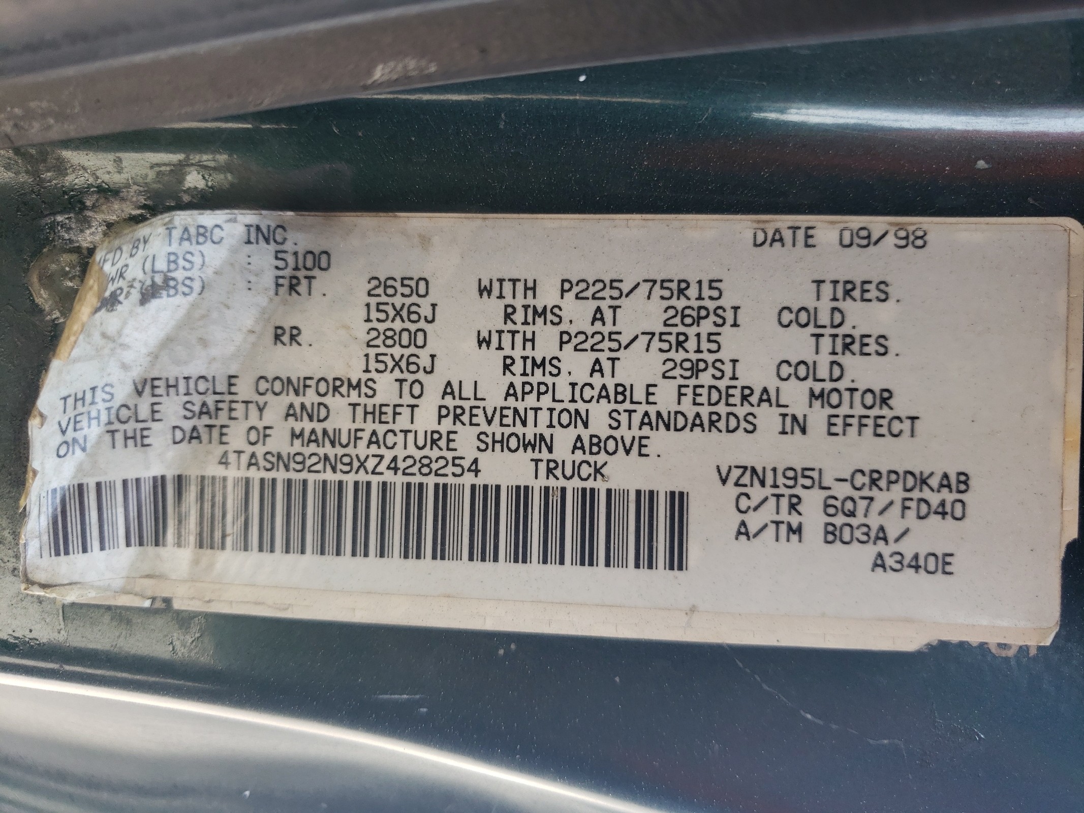 4TASN92N9XZ428254 1999 Toyota Tacoma Xtracab Prerunner