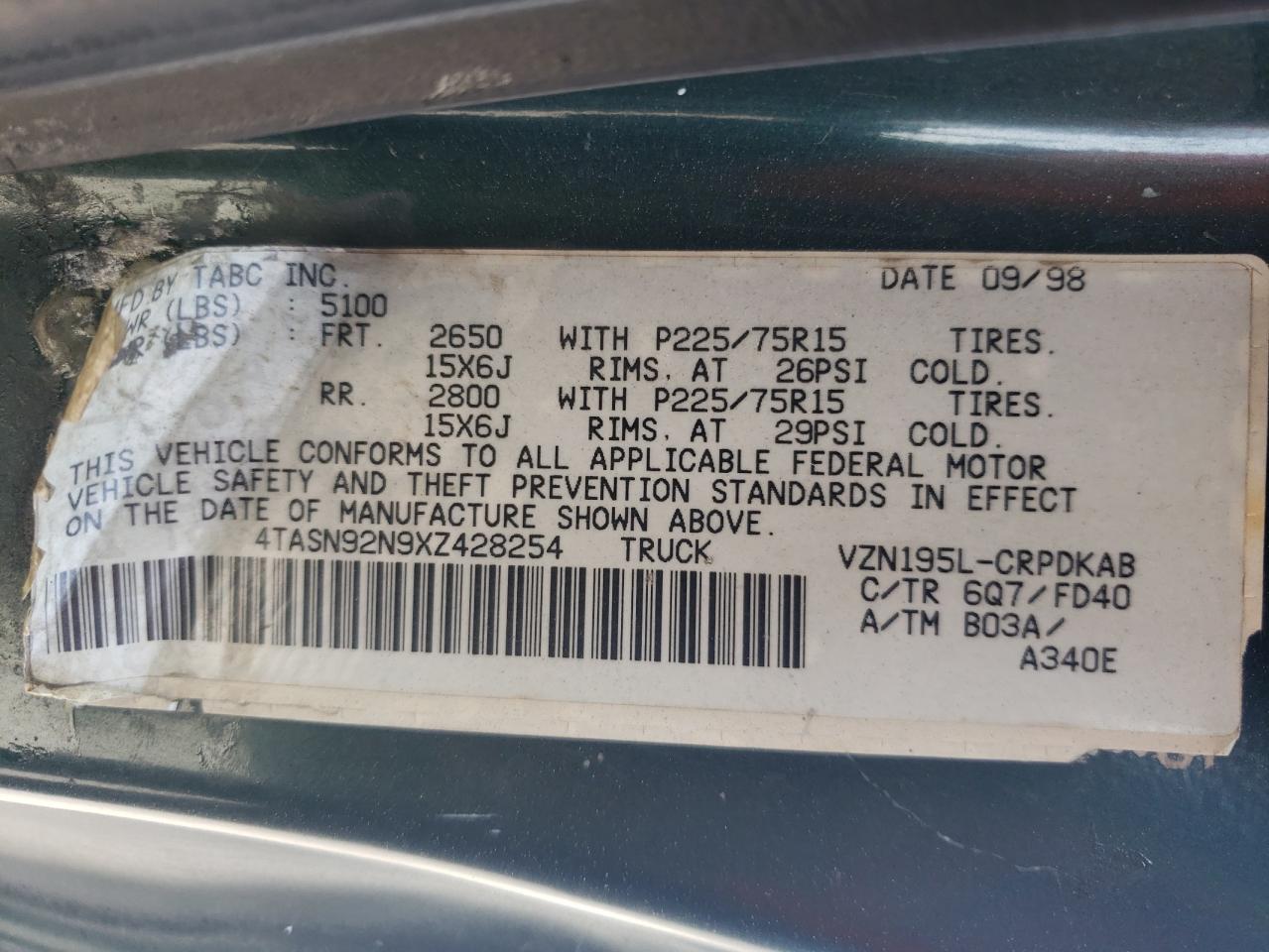 1999 Toyota Tacoma Xtracab Prerunner VIN: 4TASN92N9XZ428254 Lot: 55521194