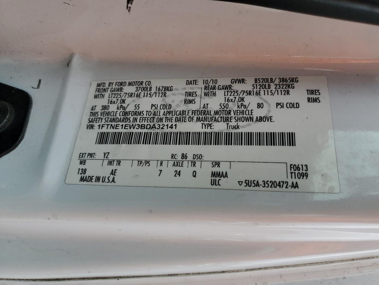 2011 Ford Econoline E150 Van VIN: 1FTNE1EW3BDA32141 Lot: 55173334