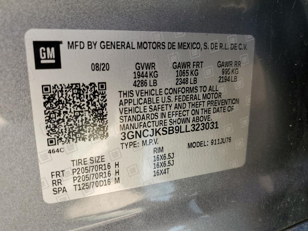 3GNCJKSB9LL323031 2020 Chevrolet Trax Ls