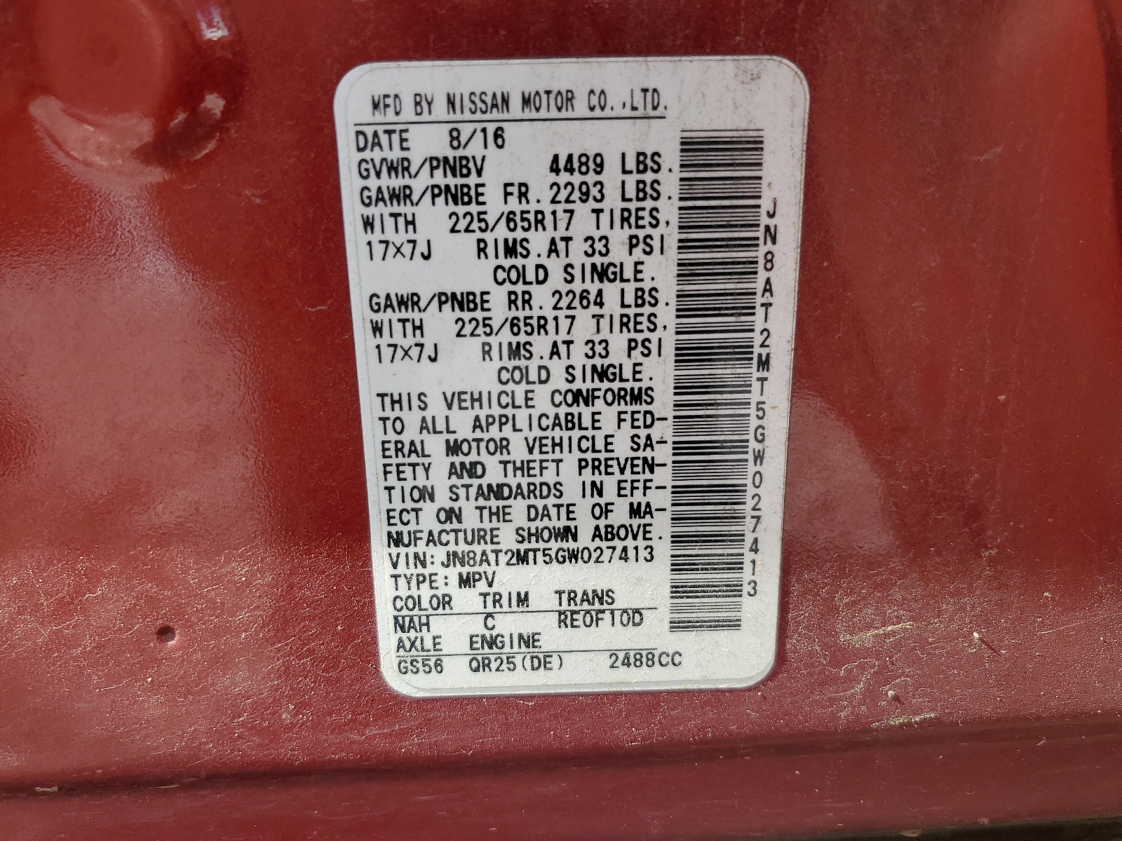 JN8AT2MT5GW027413 2016 Nissan Rogue S