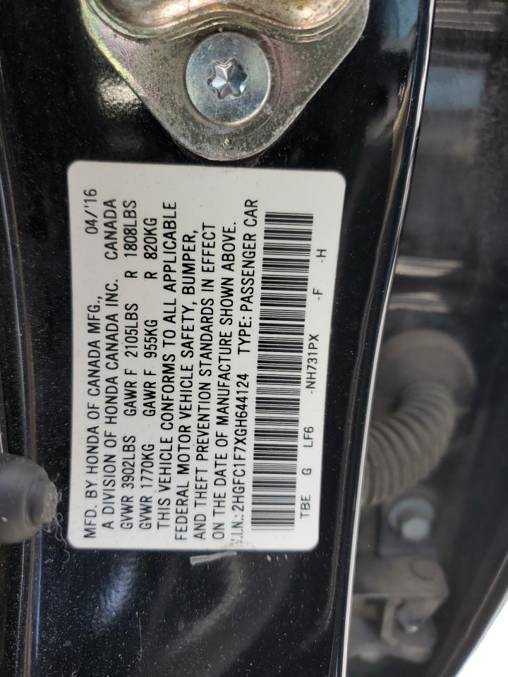 2HGFC1F7XGH644124 2016 Honda Civic Exl