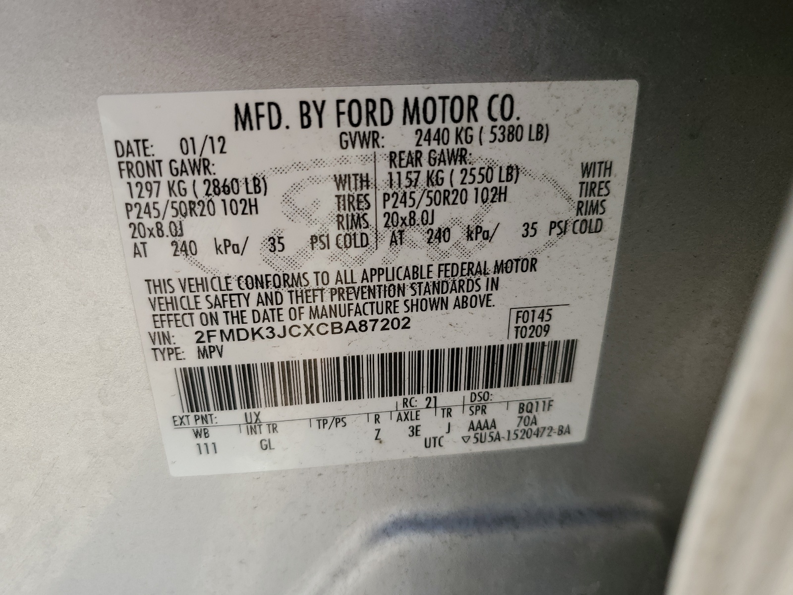 2012 Ford Edge Sel vin: 2FMDK3JCXCBA87202