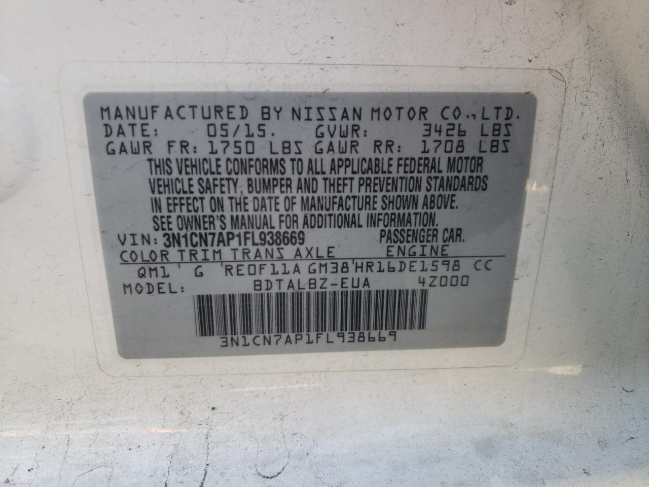 2015 Nissan Versa S VIN: 3N1CN7AP1FL938669 Lot: 55462224