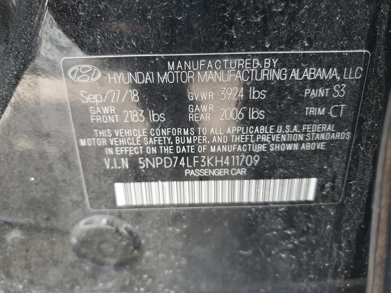 VIN 5NPD74LF3KH411709 2019 HYUNDAI ELANTRA no.12