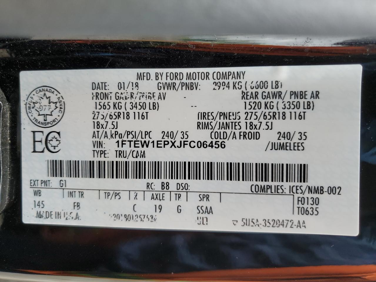2018 Ford F150 Supercrew VIN: 1FTEW1EPXJFC06456 Lot: 55274784