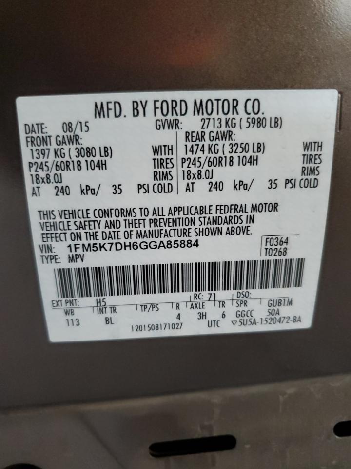 2016 Ford Explorer Xlt VIN: 1FM5K7DH6GGA85884 Lot: 53742534