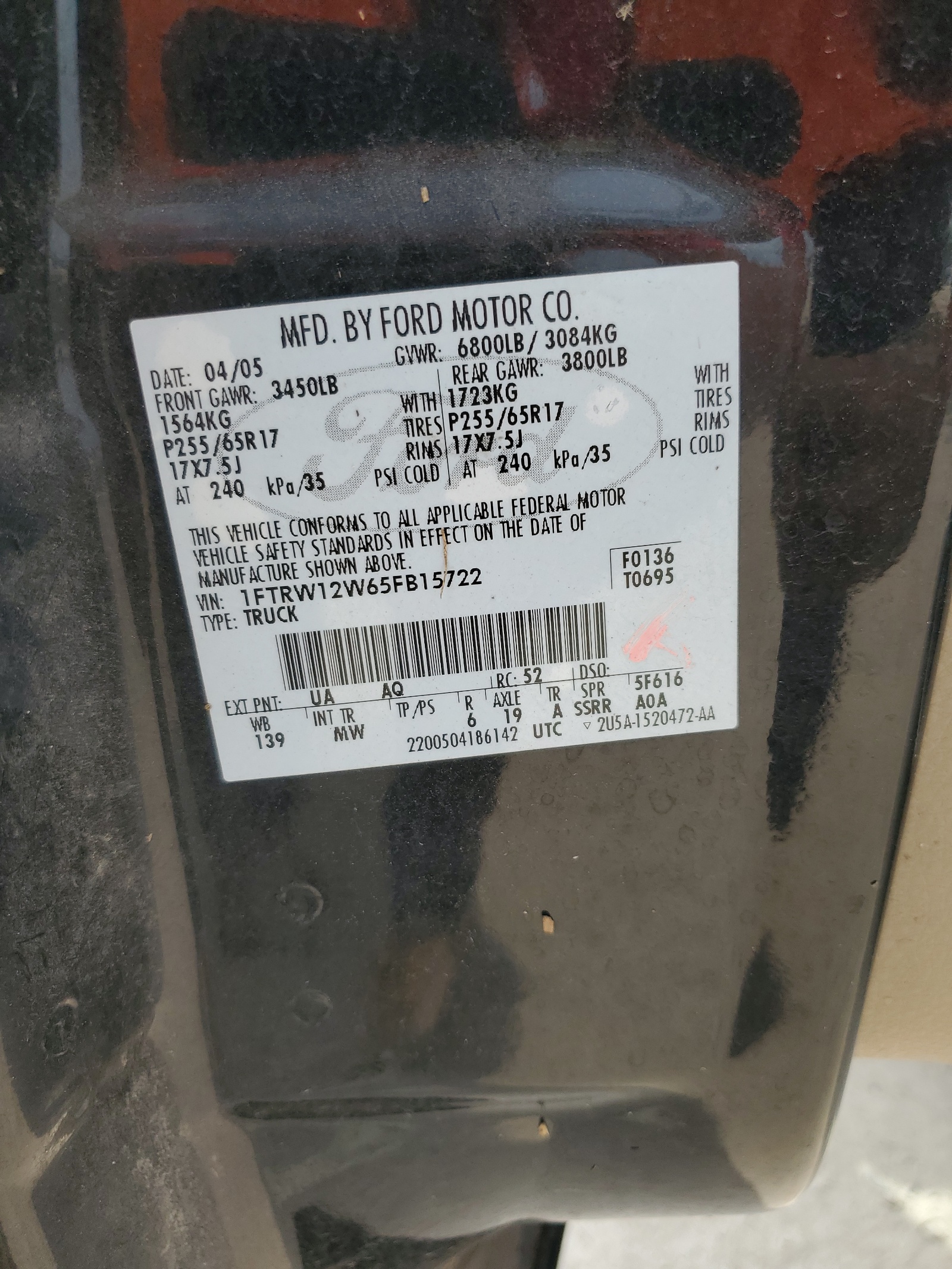 1FTRW12W65FB15722 2005 Ford F150 Supercrew