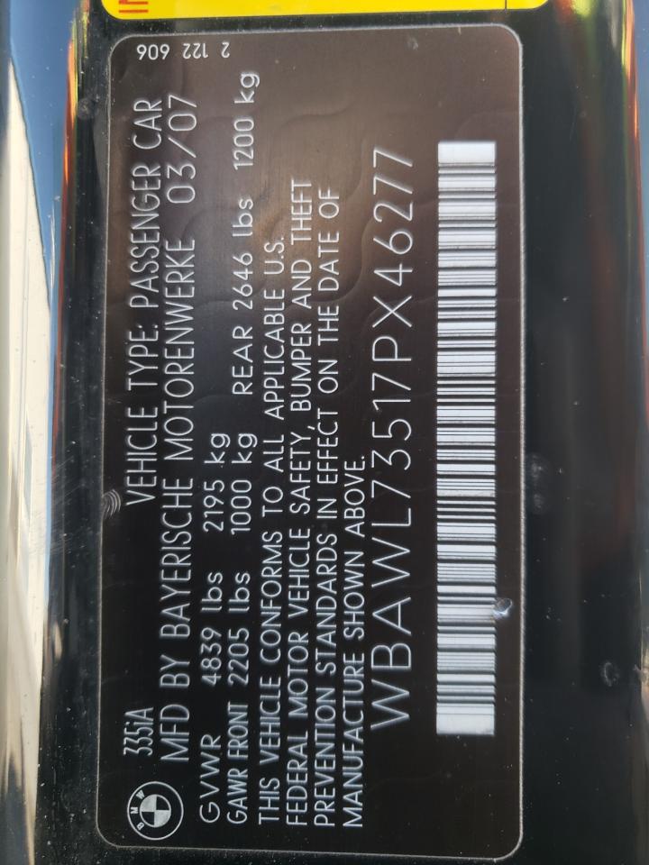 2007 BMW 335 I VIN: WBAWL73517PX46277 Lot: 56941394