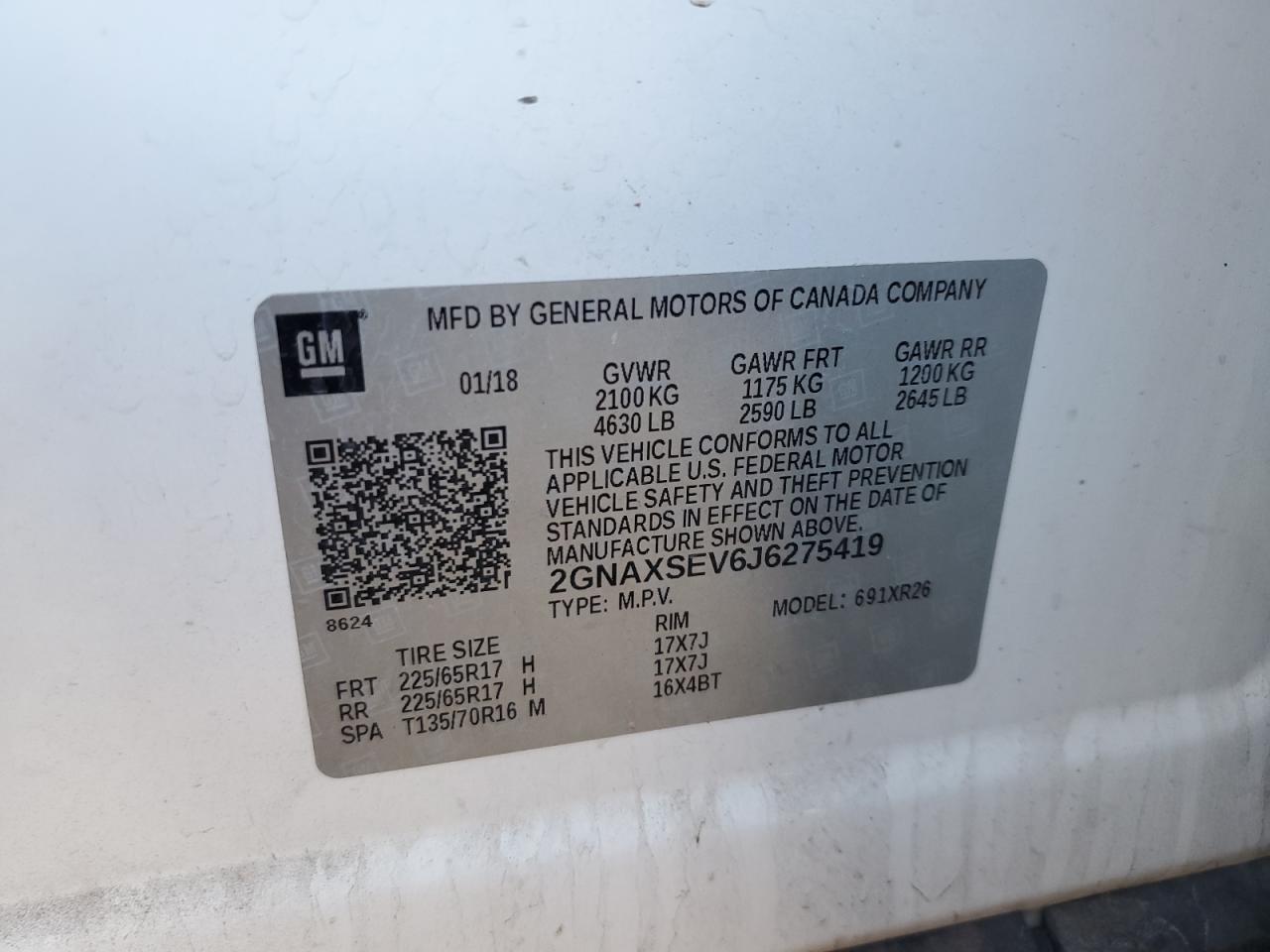 2018 Chevrolet Equinox Lt VIN: 2GNAXSEV6J6275419 Lot: 53447404