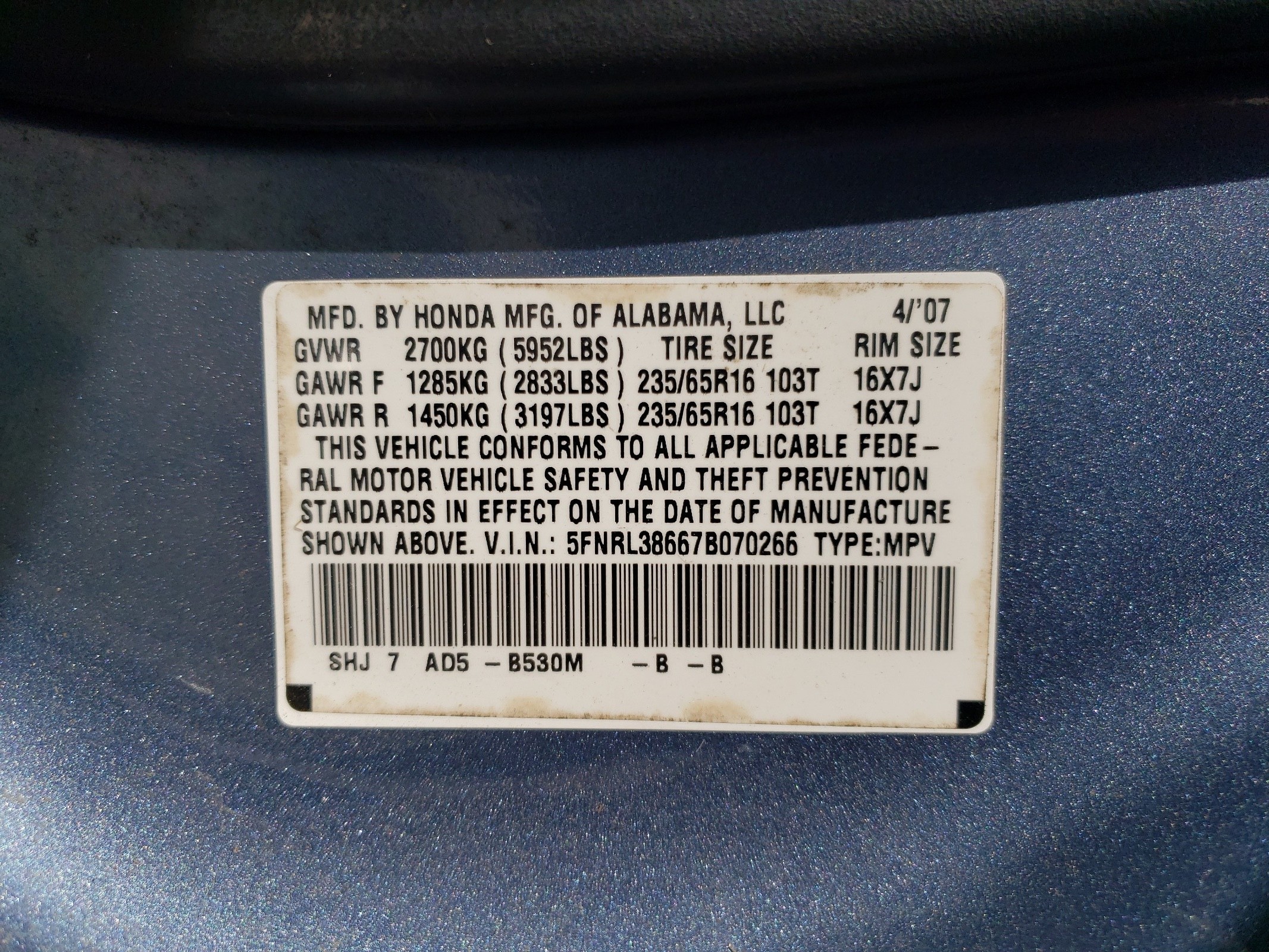 5FNRL38667B070266 2007 Honda Odyssey Exl