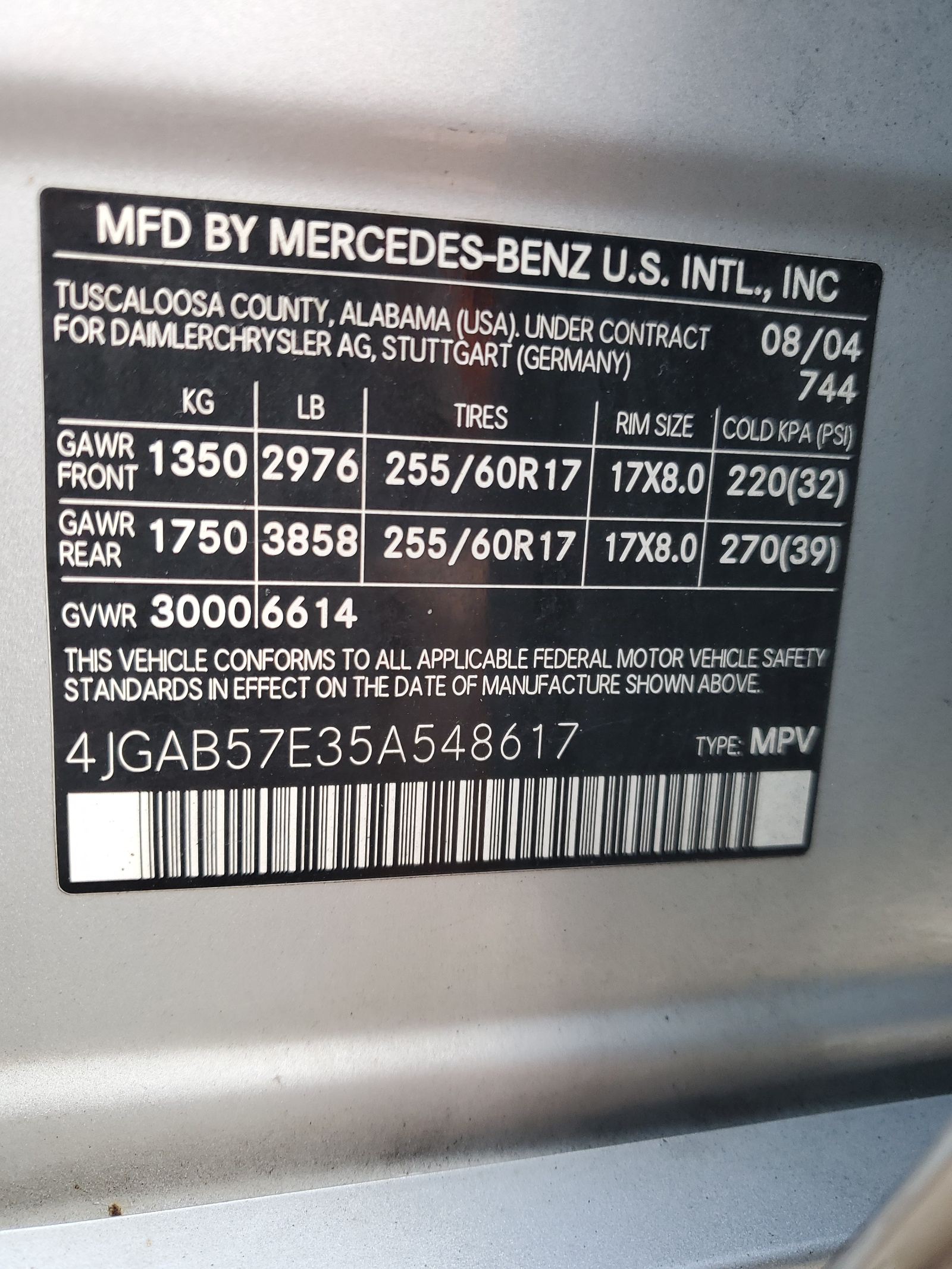 4JGAB57E35A548617 2005 Mercedes-Benz Ml 350