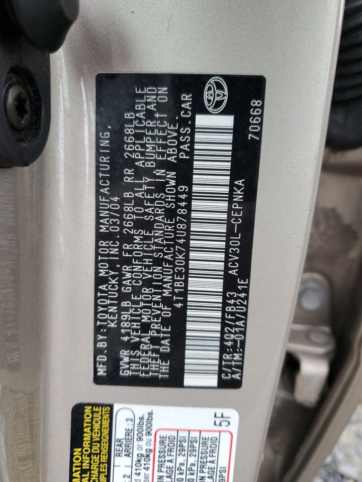 2004 Toyota Camry Le VIN: 4T1BE30K74U878449 Lot: 54058944