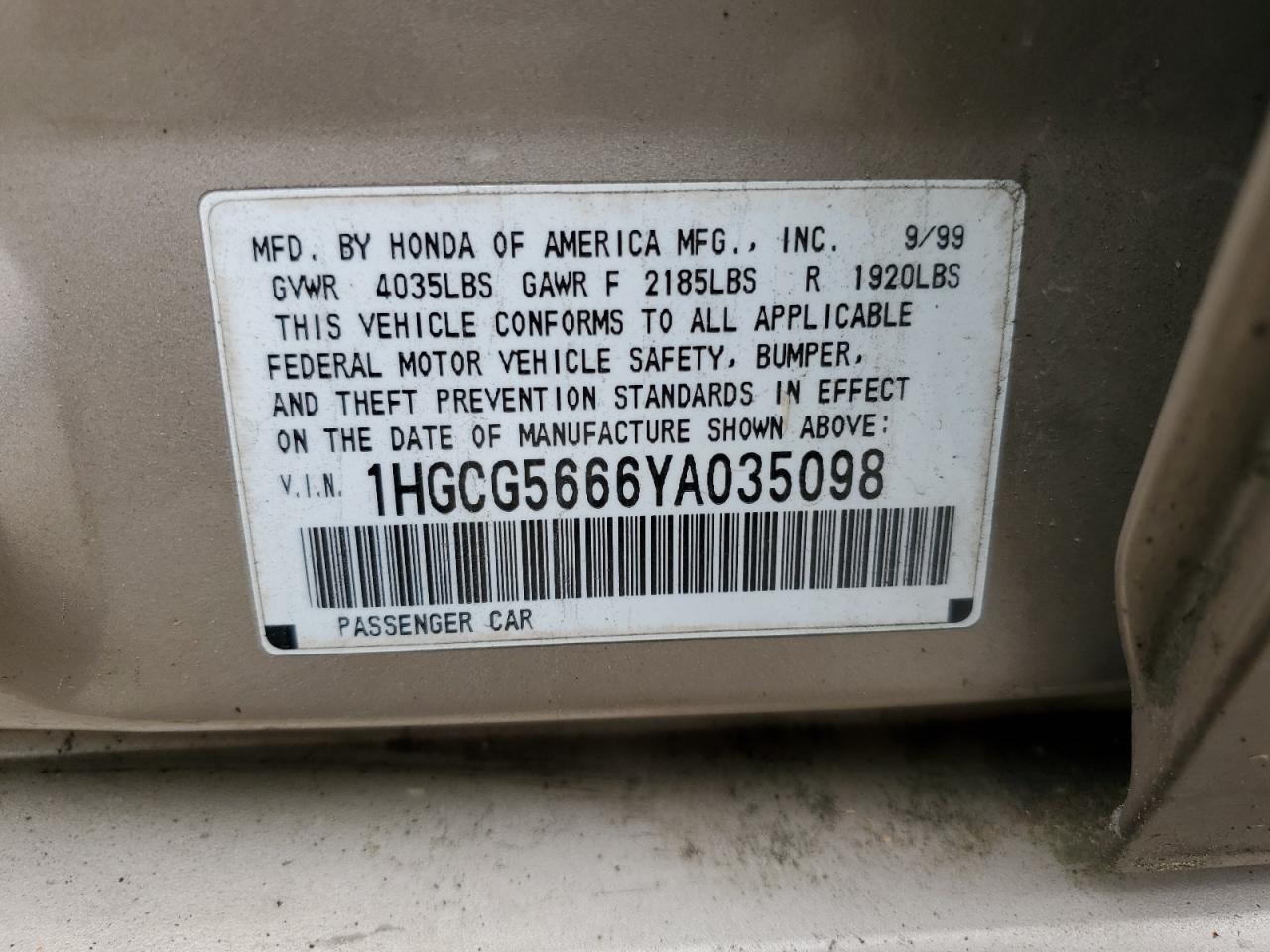 2000 Honda Accord Ex VIN: 1HGCG5666YA035098 Lot: 56633774