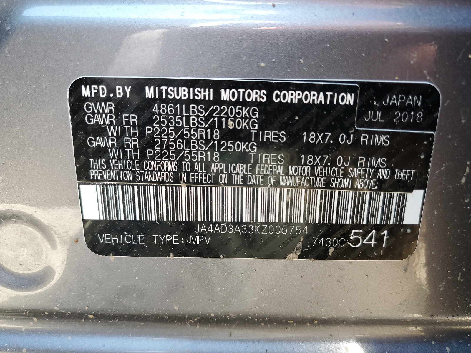 JA4AD3A33KZ005754 2019 Mitsubishi Outlander Se