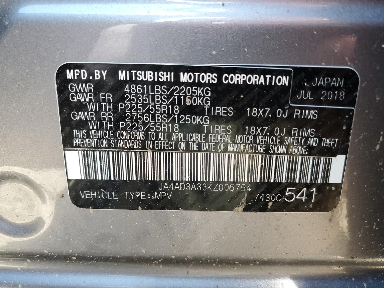 2019 Mitsubishi Outlander Se VIN: JA4AD3A33KZ005754 Lot: 55147444