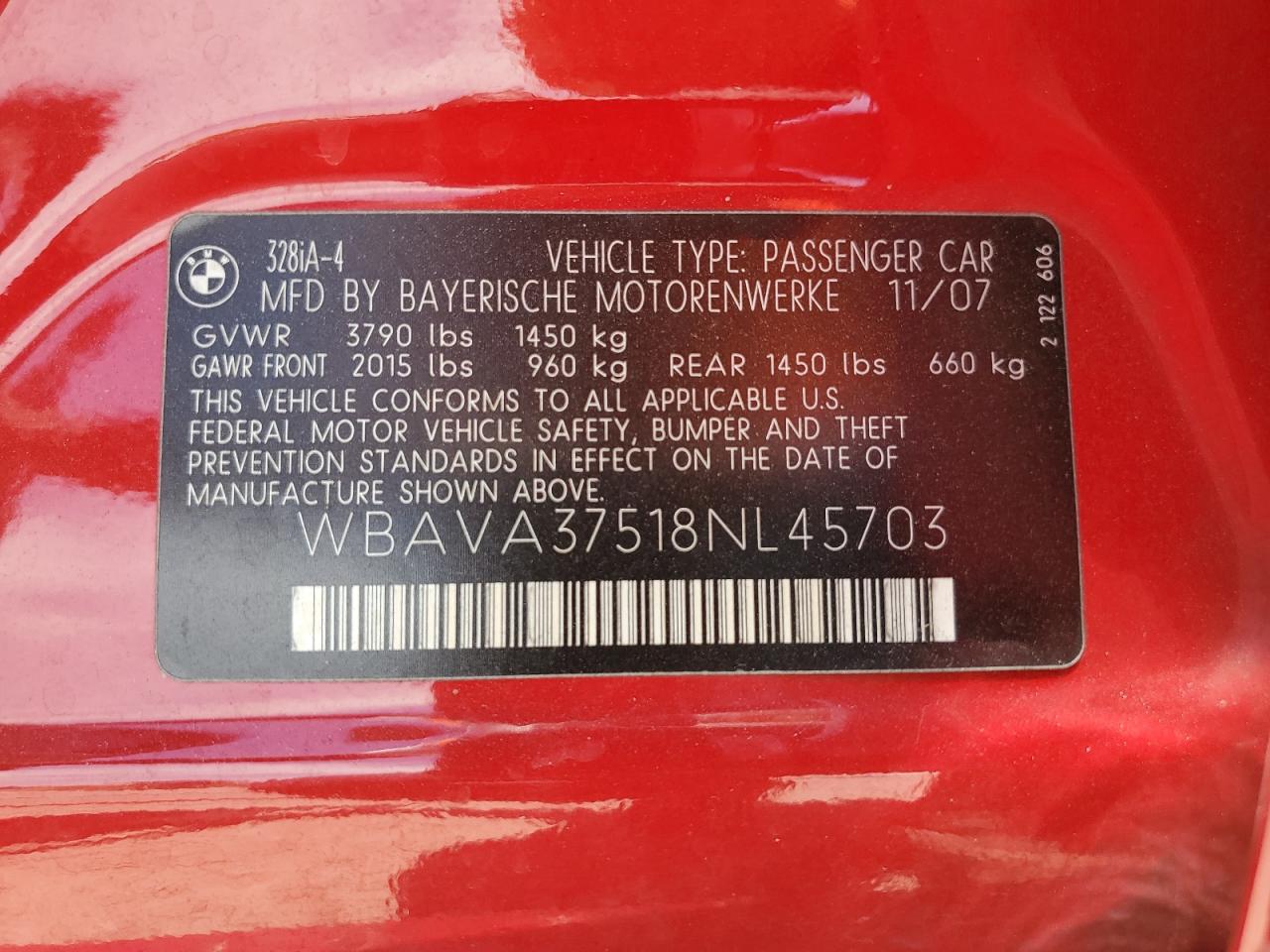 2008 BMW 328 I VIN: WBAVA37518NL45703 Lot: 57270964