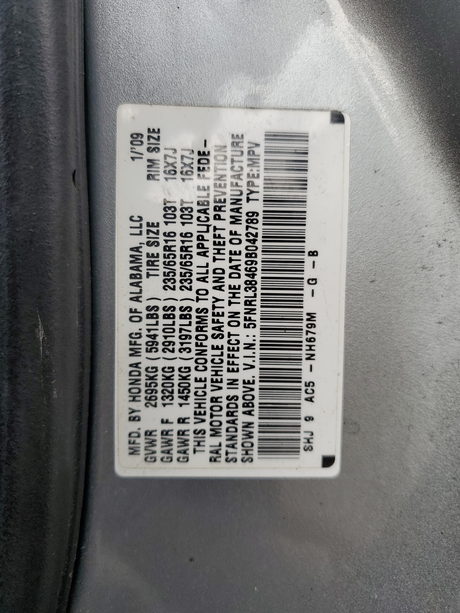 5FNRL38469B042789 2009 Honda Odyssey Ex