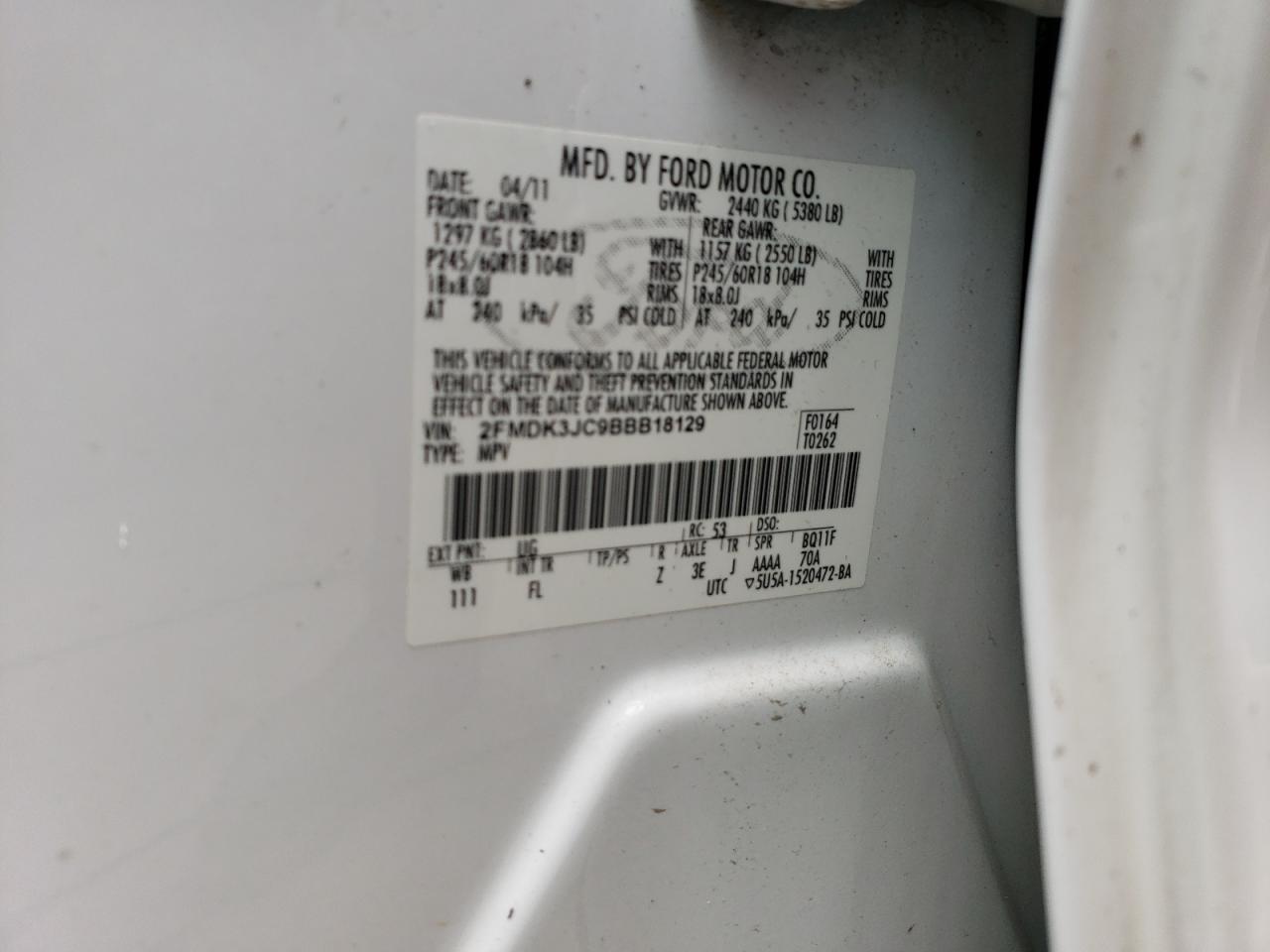 2011 Ford Edge Sel VIN: 2FMDK3JC9BBB18129 Lot: 54417154