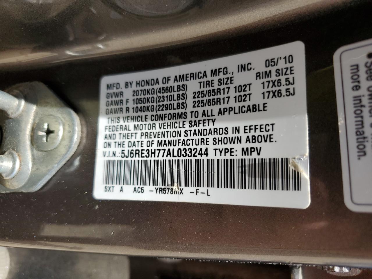 2010 Honda Cr-V Exl VIN: 5J6RE3H77AL033244 Lot: 56569614