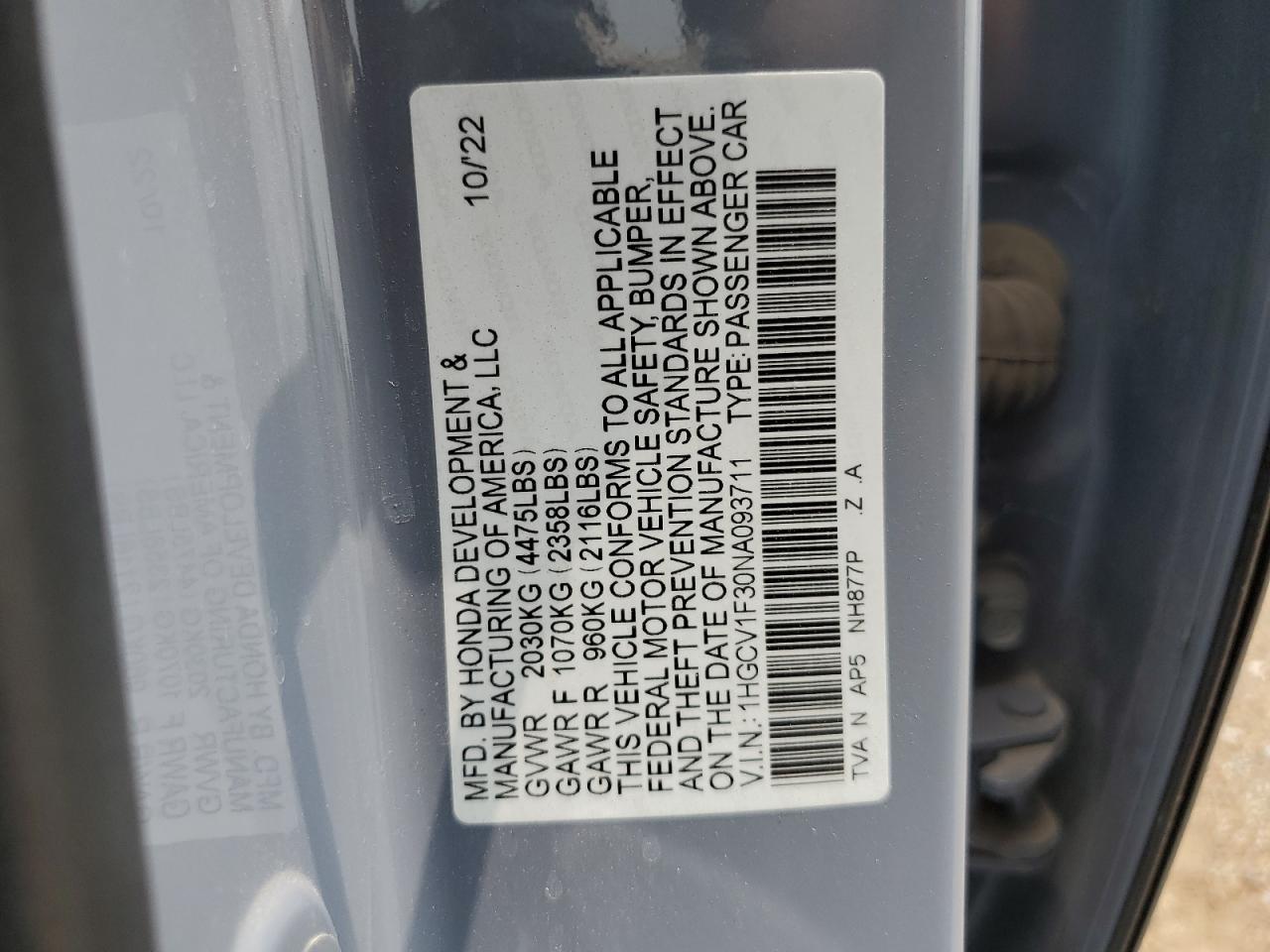 1HGCV1F30NA093711 2022 Honda Accord Sport