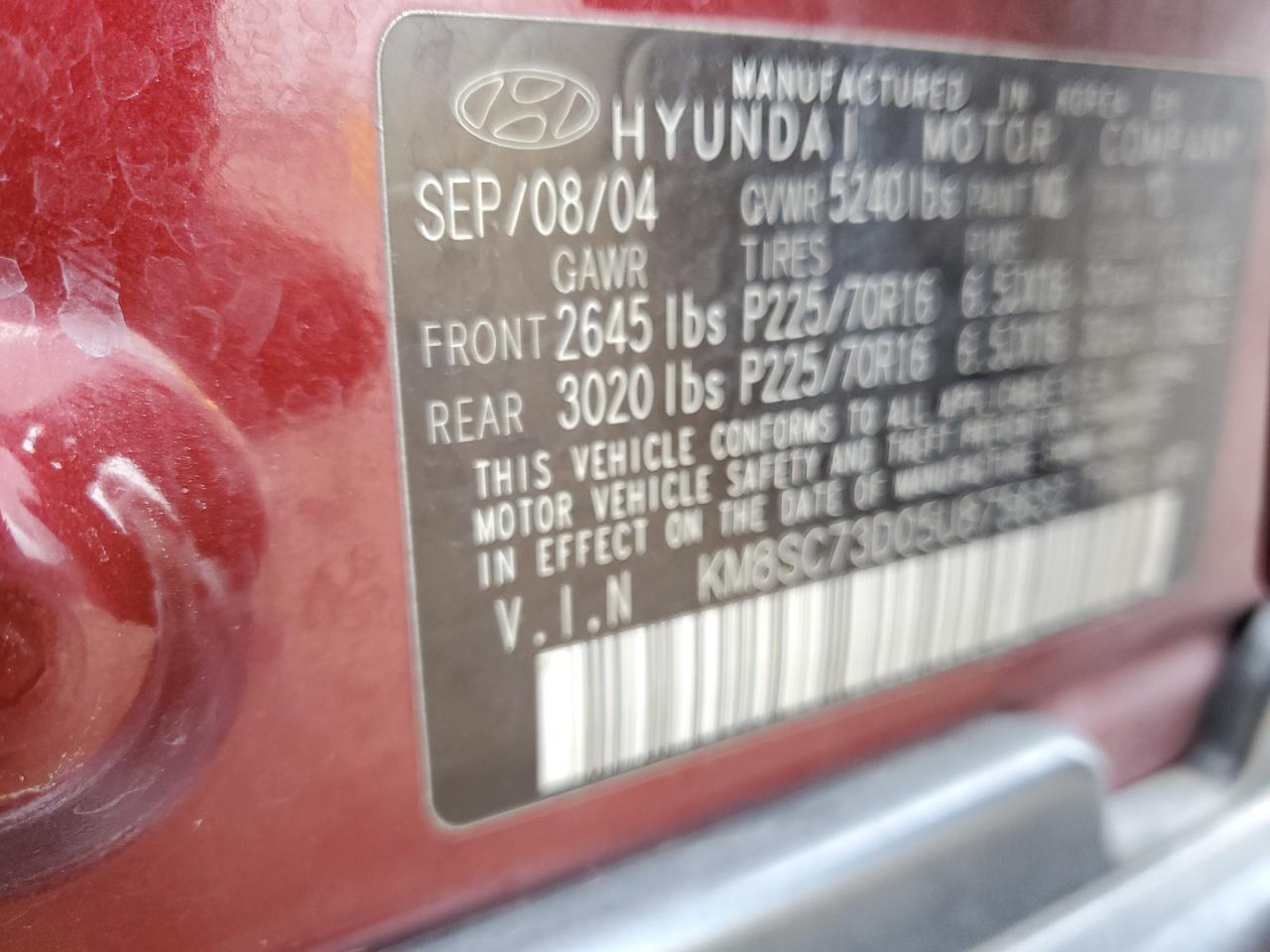 KM8SC73D05U875632 2005 Hyundai Santa Fe Gls