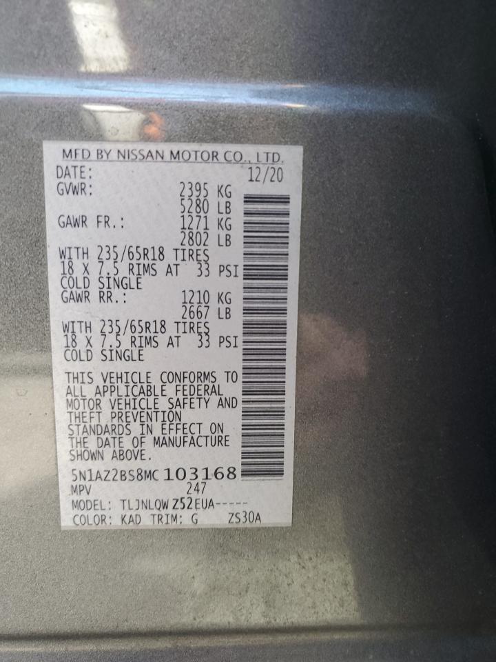 2021 Nissan Murano Sv VIN: 5N1AZ2BS8MC103168 Lot: 54000234