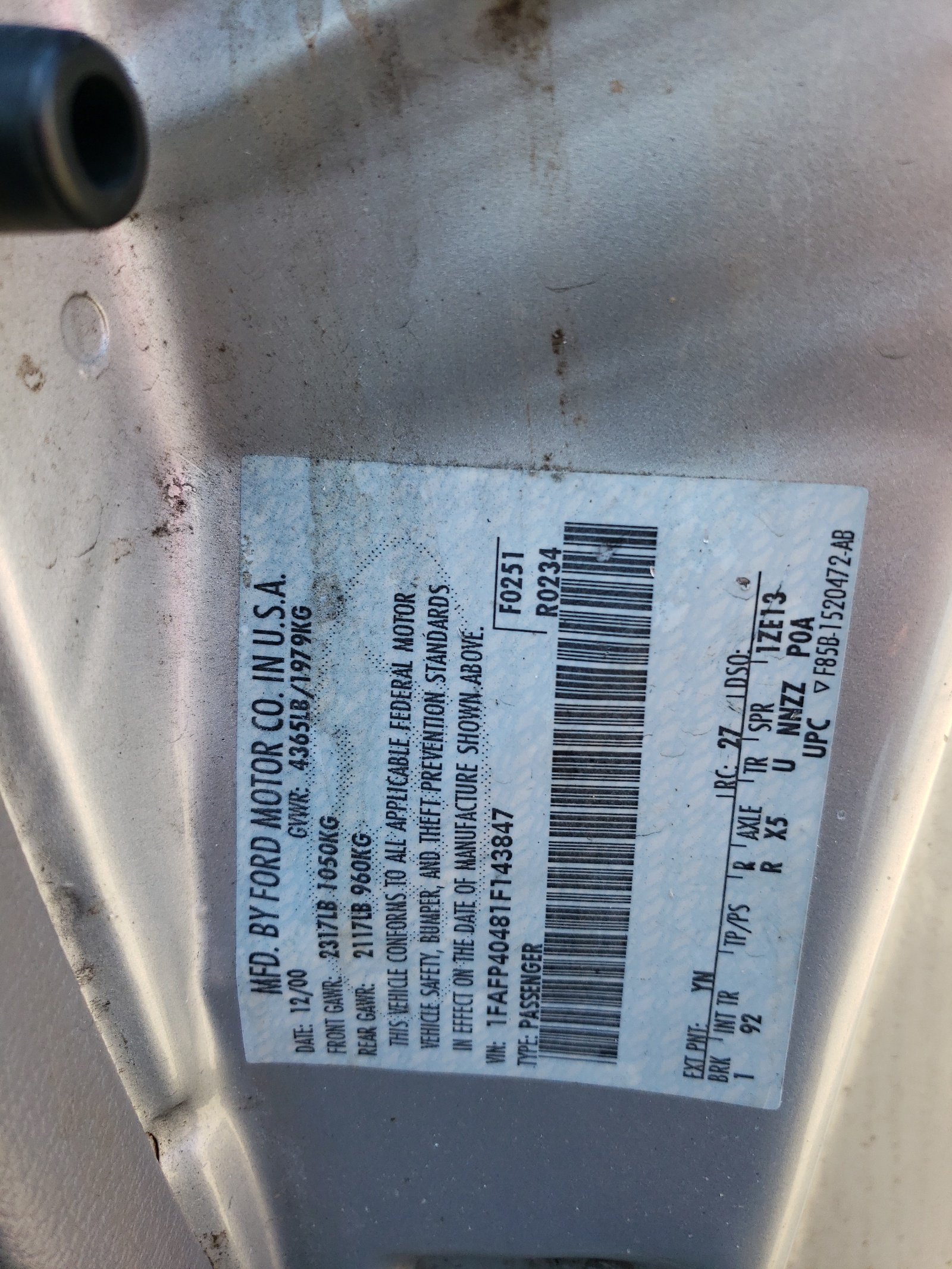 1FAFP40481F143847 2001 Ford Mustang