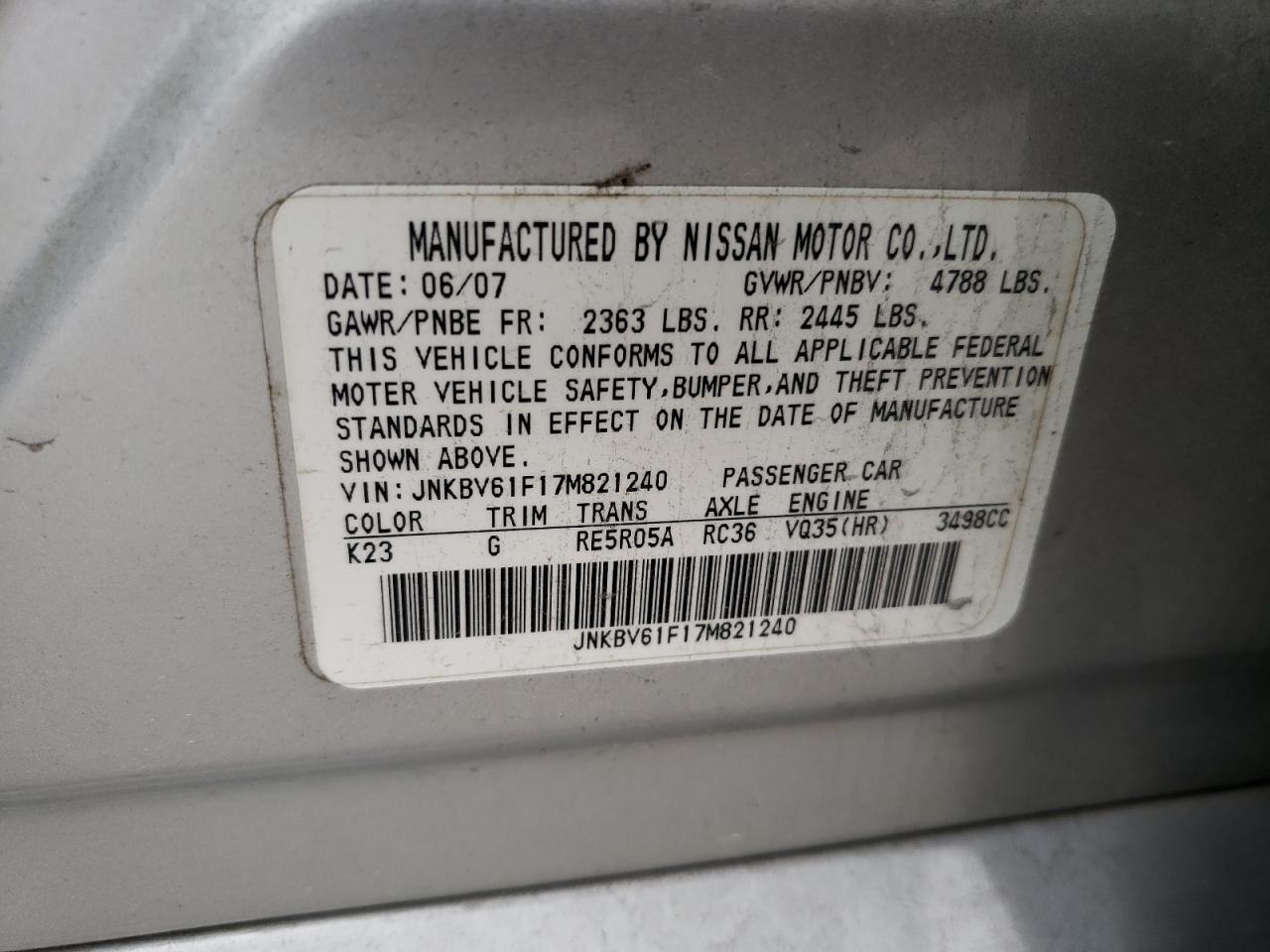 2007 Infiniti G35 VIN: JNKBV61F17M821240 Lot: 53564674