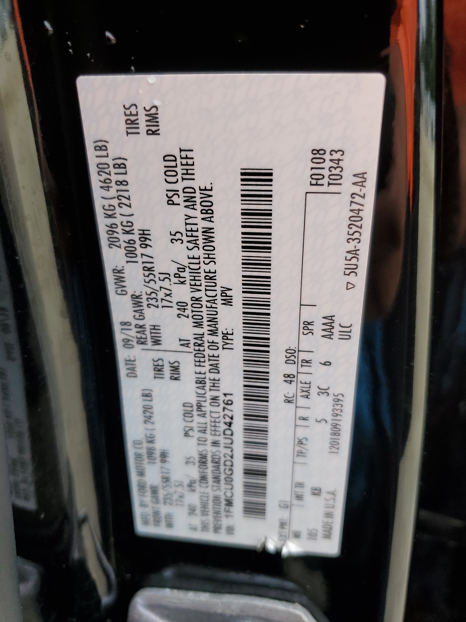 1FMCU0GD2JUD42761 2018 Ford Escape Se