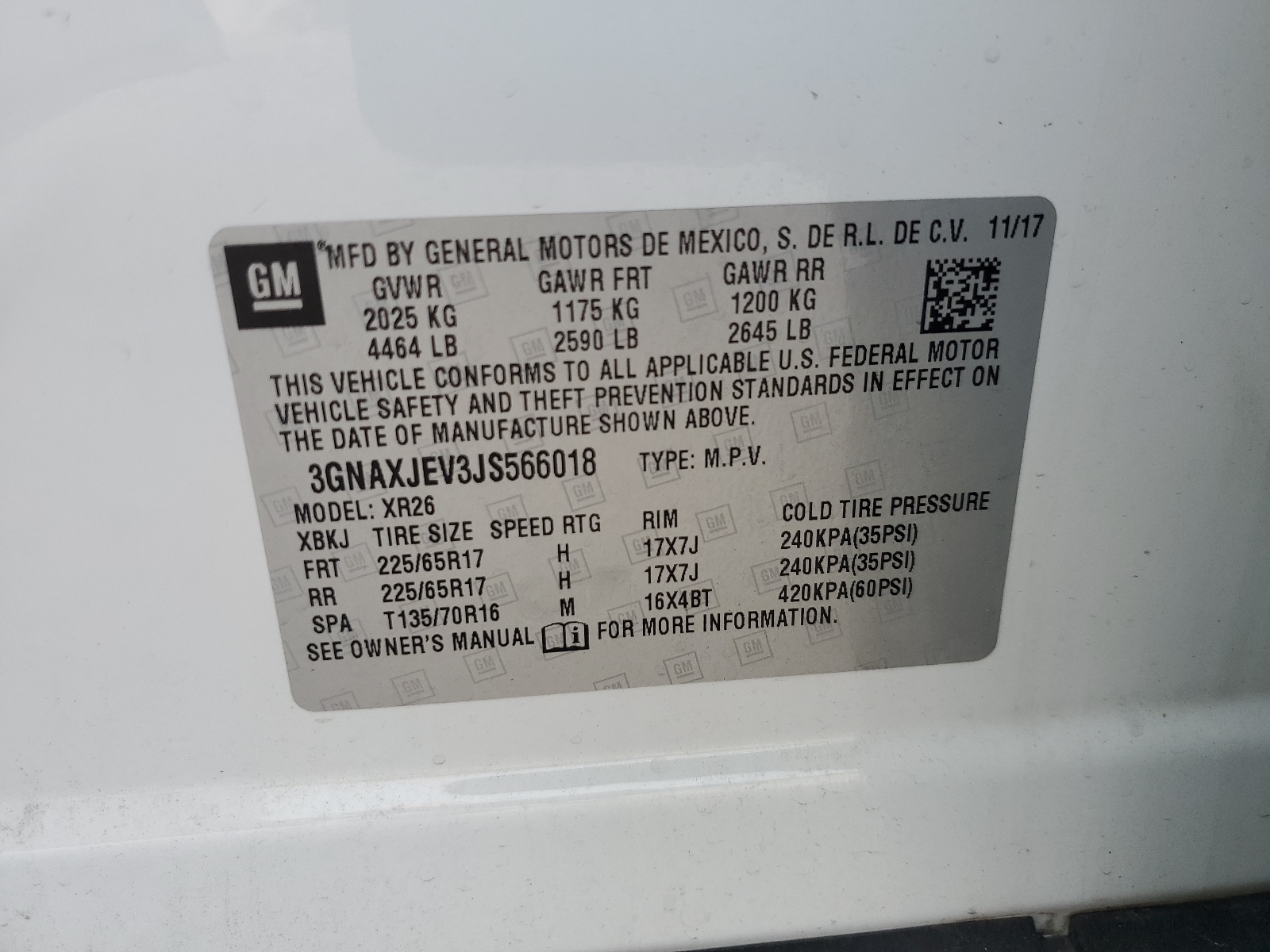 3GNAXJEV3JS566018 2018 Chevrolet Equinox Lt