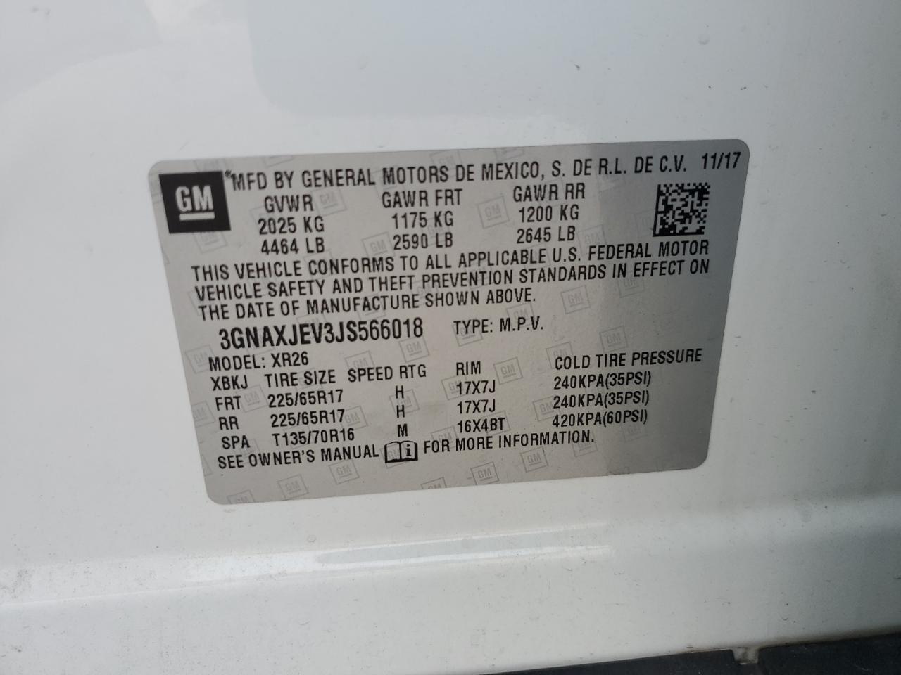 2018 Chevrolet Equinox Lt VIN: 3GNAXJEV3JS566018 Lot: 57020004