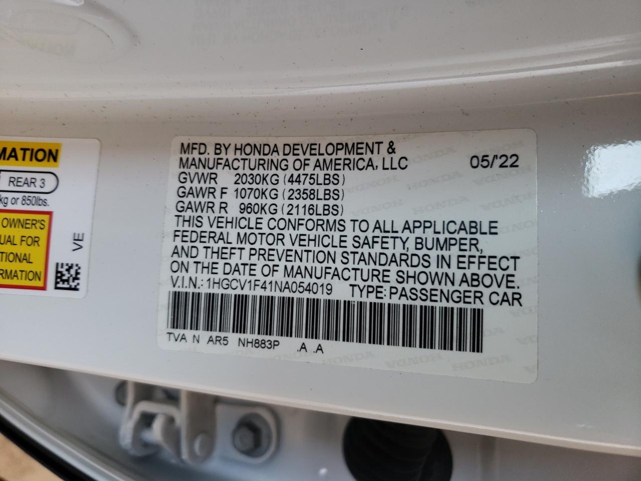 2022 Honda Accord Sport Se VIN: 1HGCV1F41NA054019 Lot: 56861934