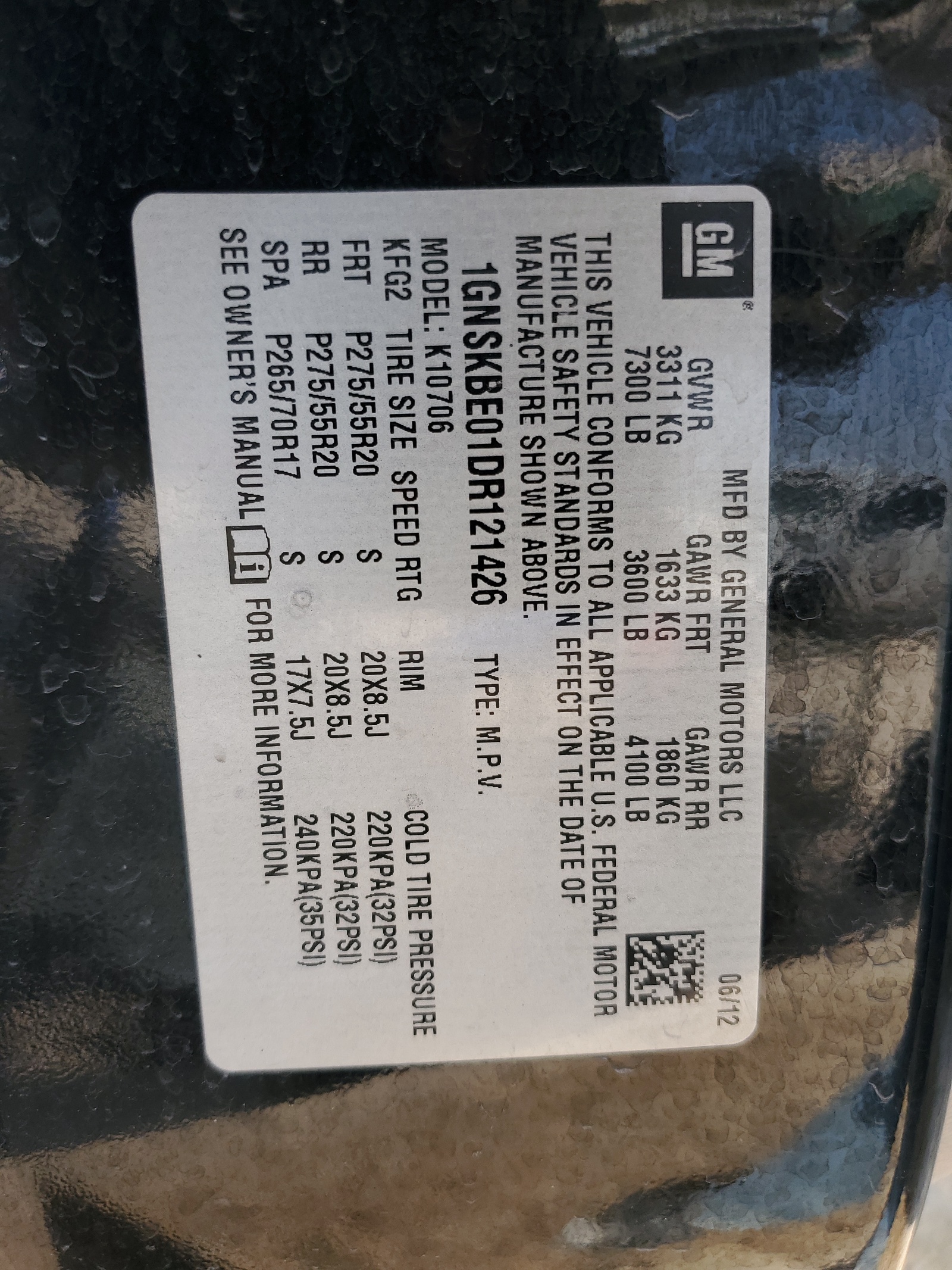 1GNSKBE01DR121426 2013 Chevrolet Tahoe K1500 Lt