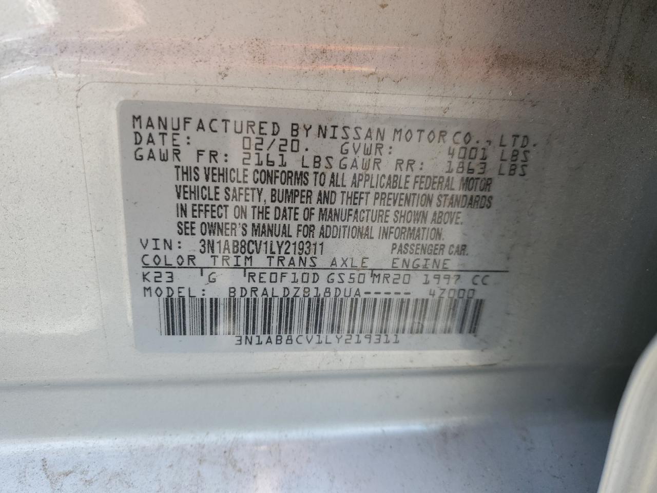 2020 Nissan Sentra Sv VIN: 3N1AB8CV1LY219311 Lot: 56861914