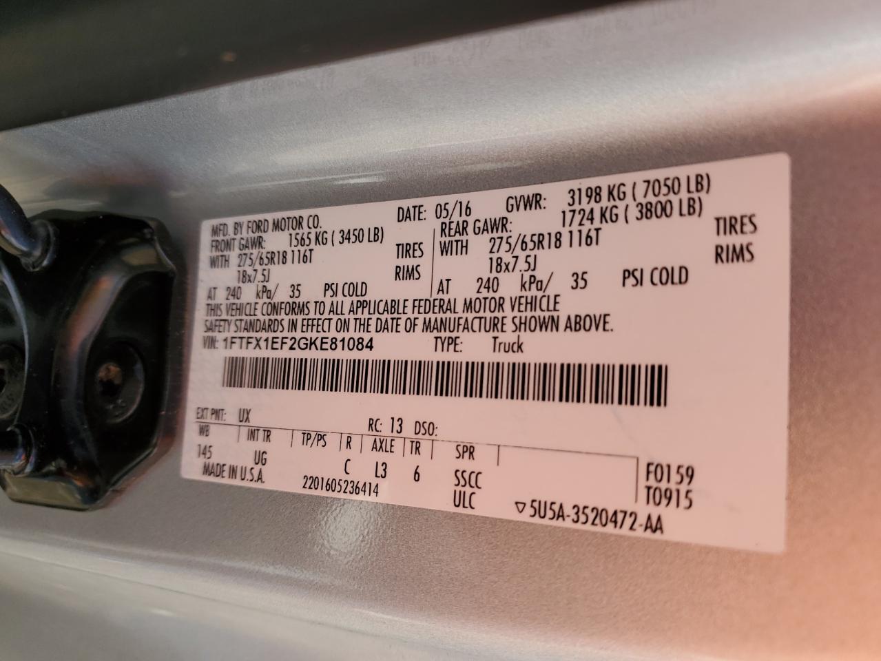 2016 Ford F150 Super Cab VIN: 1FTFX1EF2GKE81084 Lot: 54331454