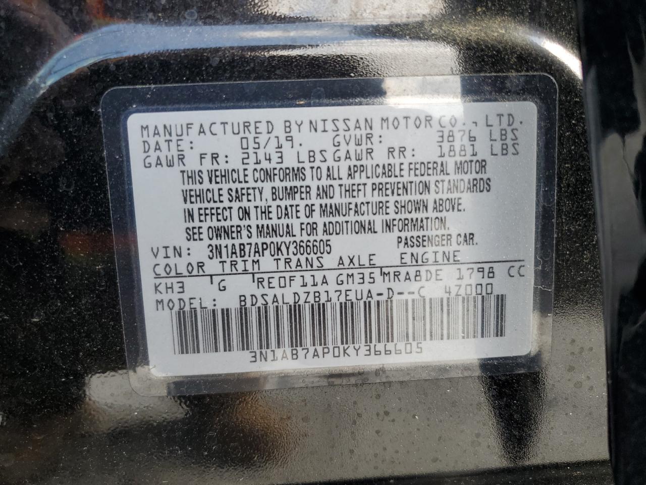 3N1AB7AP0KY366605 2019 Nissan Sentra S