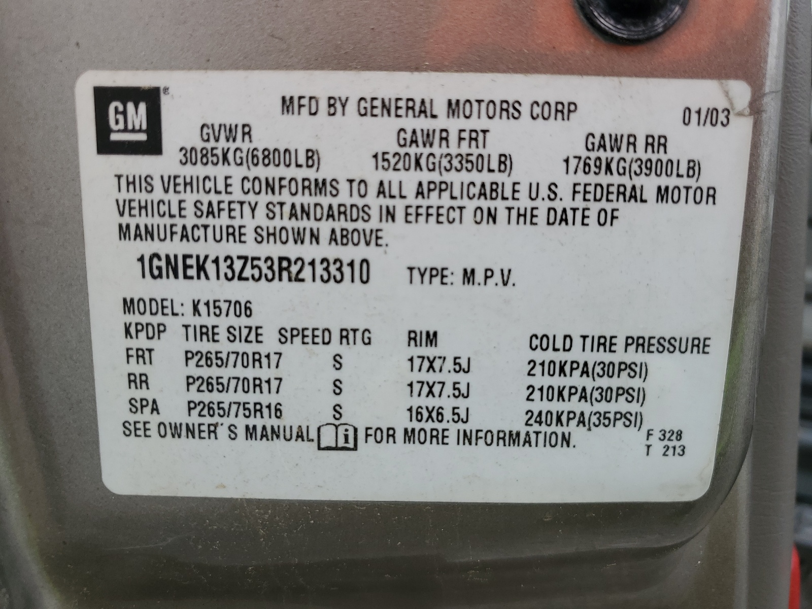 1GNEK13Z53R213310 2003 Chevrolet Tahoe K1500