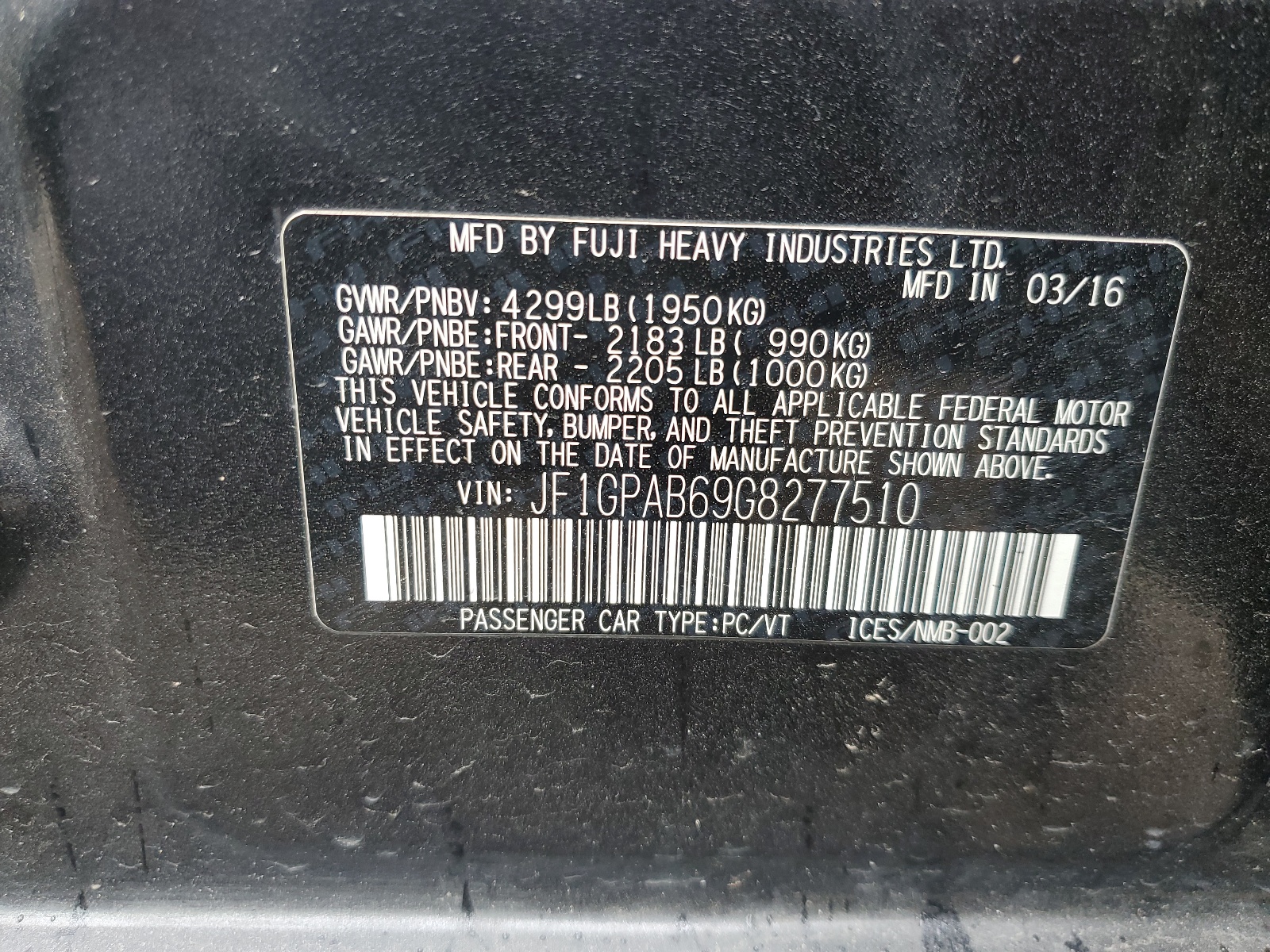 JF1GPAB69G8277510 2016 Subaru Impreza Premium